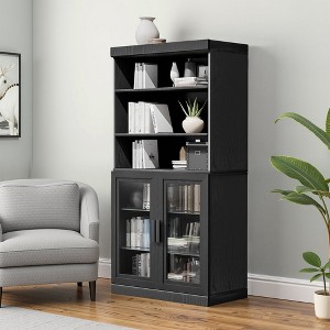 62x31x16 Wood Accent Sideboard Cabinet in Black, Storage Organizer with Adjustable Shelves and Glass Doors for Kitchen Bedroom Living/Dinning Room - 1 of 4