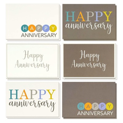 36 Pack Happy Anniversary Greeting Cards, 6 Modern Multi Color Embellished Style Designs, Bulk Box Set Assortment, Envelopes Included, 4 x 6 Inches