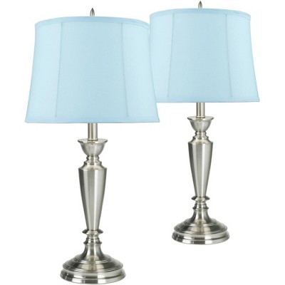 Barnes and Ivy Traditional Table Lamp Set of 2 Brushed Nickel Candlestick Metal Blue Softback Drum Shade Living Room Bedroom House