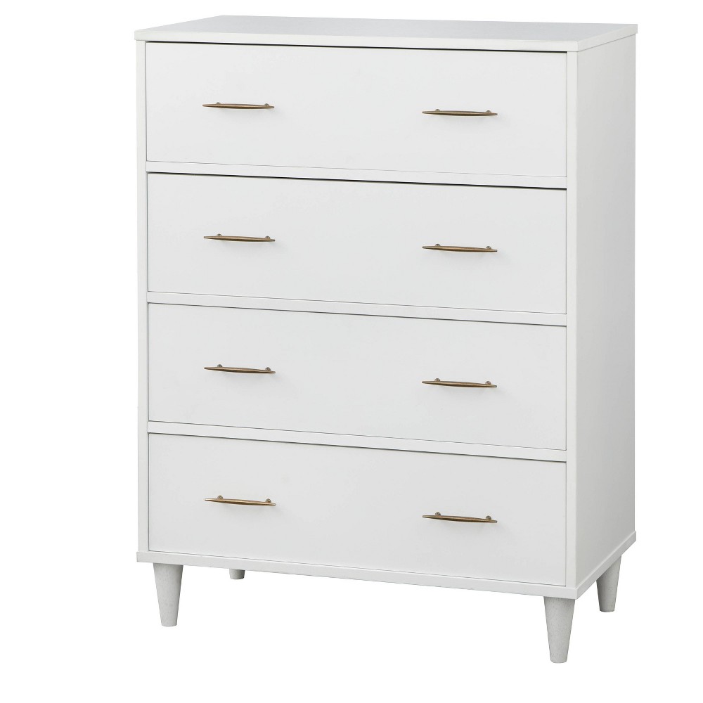 Ana 4 Drawer Chest White - Lifestorey: Mid-century Storage, Brass-finished Handles, MDF Rubberwood
