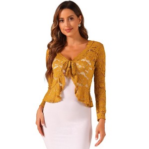INSPIRE CHIC Women's Tie Front Ruffled Hem Floral Lace Sheer Crop Bolero Shrug - 1 of 4