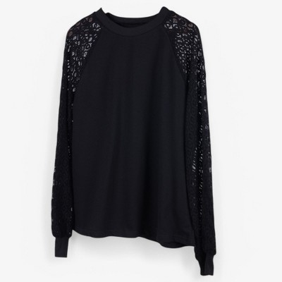 Anna-Kaci Women's Long Sleeve Knit Top with Sheer Lace Sleeves and Ribbed Cuffs