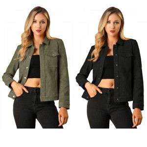 INSPIRE CHIC Women's Turn-Down Collar Flap Pockets Snap Button Faux Suede Jacket 2 Packs - 1 of 4
