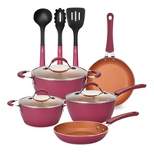 NutriChef NCCW11GD-MAR 11 Piece Nonstick Ceramic Coating Elegant Diamond Pattern Kitchen Cookware Pots and Pan Set with Lids and Utensils, Marron Pink