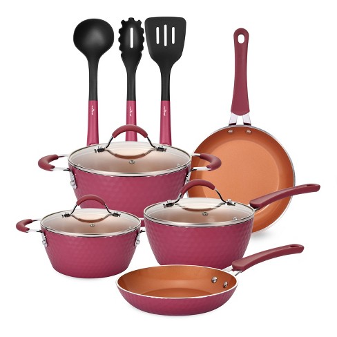 Iconic Nonstick Pots and Pans Set Multi-layer Nonstick Coating Matching  Lids with Gold Handles Made without PFOA Dishwasher Safe Cookware Set  10-Piece Pink 