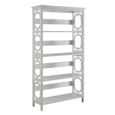 White five-shelf bookcase with decorative panel sides