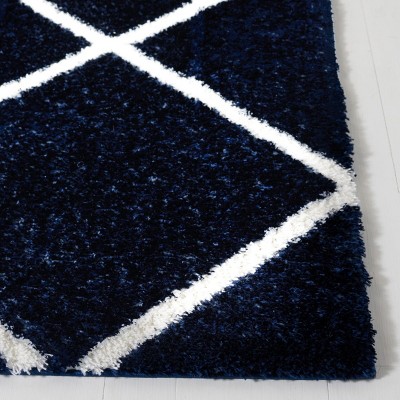 Navy and White Geometric Shag Runner Rug, 2' x 9'