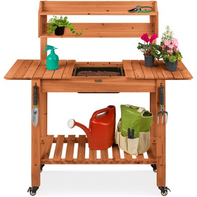 Best Choice Products Wood Garden Potting Bench Workstation Table w/ Sliding Tabletop, 4 Locking Wheels, Dry Sink - Brown
