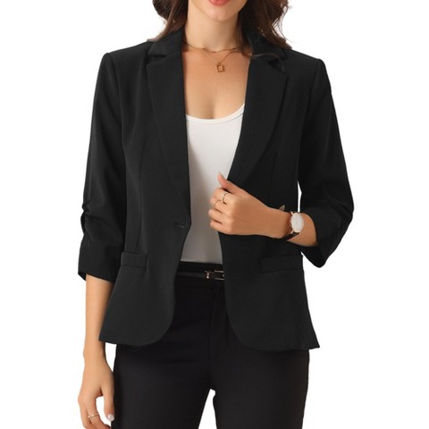 INSPIRE CHIC Women's 3/4 Sleeve Lapel Collar One Button Side Pockets Blazer Black X-Small