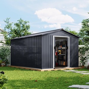 10x10 ft Metal Storage Shed with Pitched Roof & Lockable Door Galvanised Steel Storage Shed, Backyard Garden Lawn Outdoor Sheds - 1 of 4