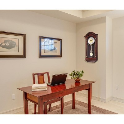 Seiko Dark Brown Oak Wall Clock with Brass Pendulum and Chime