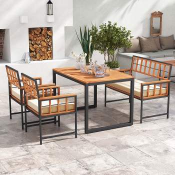 Costway 4 Piece Patio Dining Set Outdoor Wood Dining Furniture with 2 Chairs & 1 Lovesea