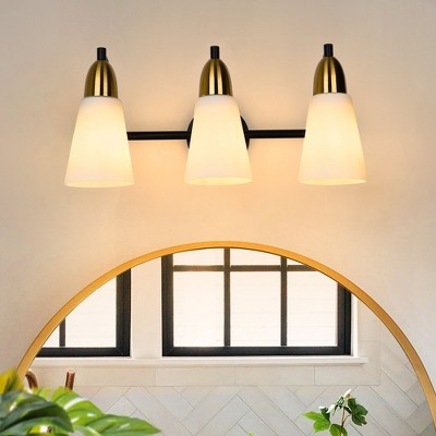 PAKOKULA 3-Light Black and Gold Bathroom Vanity Light With Cone Milk Glass Shade