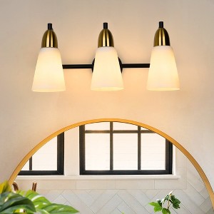 PAKOKULA 3-Light Black and Gold Bathroom Vanity Light With Cone Milk Glass Shade - 1 of 4