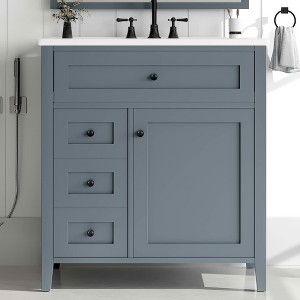 MAYEERTY 36" Bathroom Vanity with Sink Blue Gray MDF Rubberwood 3 Drawers Adjustable Shelf Freestanding - 1 of 4