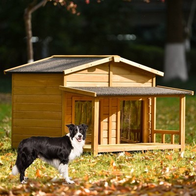 Wooden Dog House, Dog Crate For large dog breeds, Cabin Style Raised Dog Shelter with Asphalt Roof