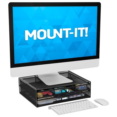 Black Metal Mesh Monitor Stand with Two Drawers
