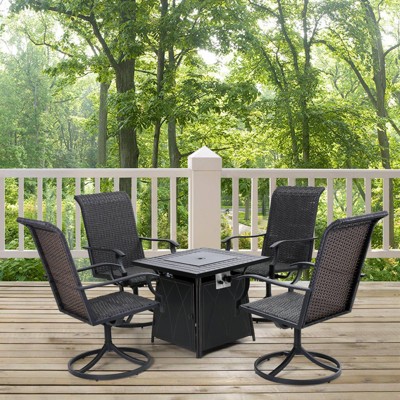 5pc Patio Dining Set with Square Steel Fire Pit with Faux Wood Tabletop & Rattan 360 Swivel Chairs - Captiva Designs