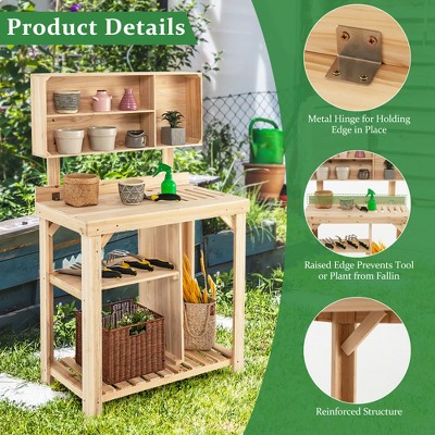 Natural Fir Wood Garden Potting Bench with Storage Shelves