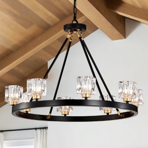 BAOURE Black Wagon Wheel Chandelier, 27in Farmhouse Modern Small Crystal Round Chandelier for Living Room Kitchen Island Foyer Hallway Entryway - 1 of 4
