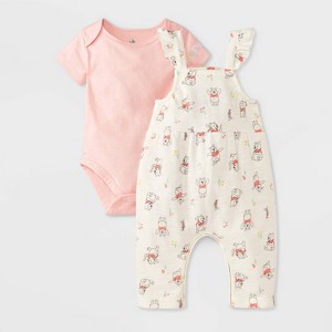 Baby Girls' 2pc Disney Winnie The Pooh Overalls & Bodysuit Set - White/Pink - 1 of 4