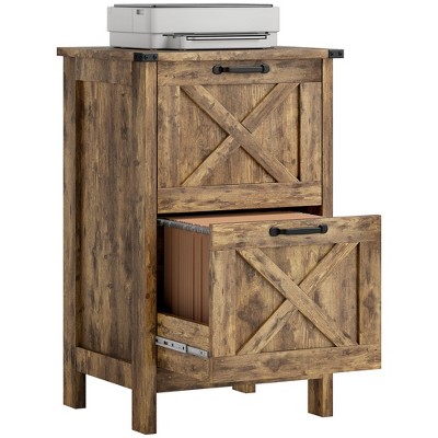 HOMCOM 2 Drawer Vertical File Cabinet with Silent Slides, Farmhouse Filing Cabinet with Barn Doors for A4/Letter Size, Printer Stand, Rustic Brown