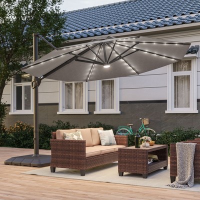 Sonkuki Outdoor 11Ft Aluminum LED Cantilever Patio Umbrella with Base for Patio Deck Garden