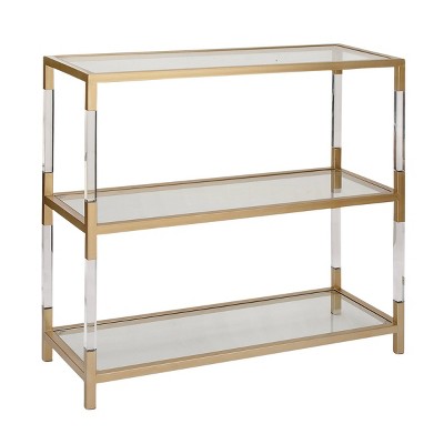 Gold Metal and Acrylic Console Table with Clear Glass Shelves
