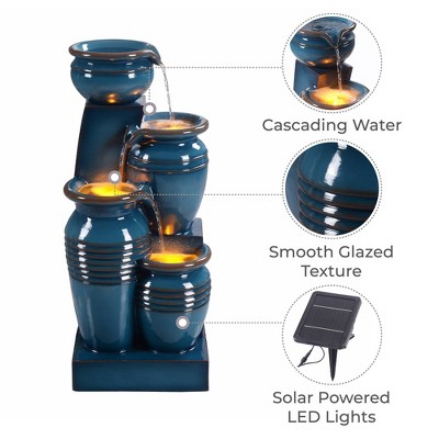 Teal Blue Polyresin 4-Tier Solar Powered Water Fountain with LED Lights