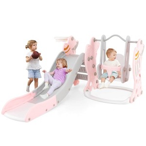 Safstar 4 in 1 Toddler Slide and Swing Set, Indoor Outdoor Rocket Playset Gym with Baby Swing, Basketball Hoop, Kids Climber Play Set for Age 1+ - 1 of 4