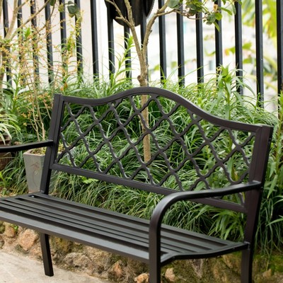 Black Steel and Cast Iron Outdoor Patio Bench