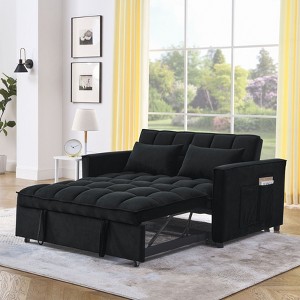 3-in-1 Velvet Sleeper Sofa with Convertible Sofa, 3-Position Adjustable Backrest, 2-Seater Sectional, Two Side Pockets, 2 Pillows - 1 of 4