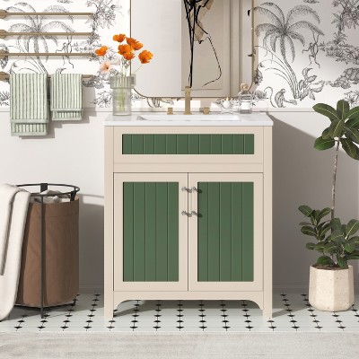 Bathroom Vanity Cabinet with Ceramic Sink Combo Set, Solid Wood Frame Modern Bathroom Storage Cabinet