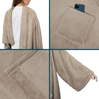 Taupe Fleece Wearable Blanket with Sleeves and Pocket