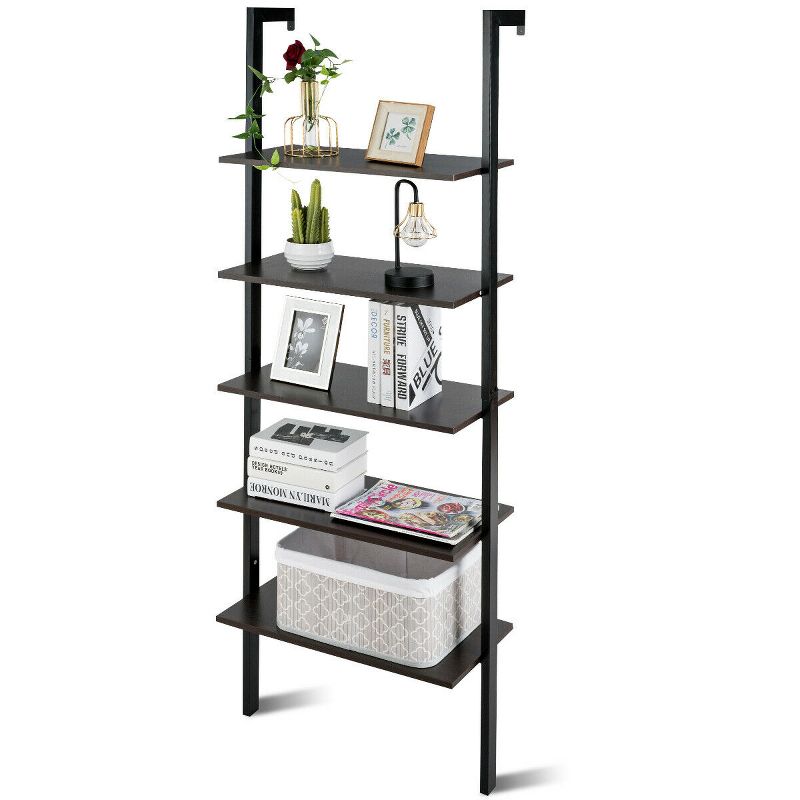 Costway 5-Tier Ladder Shelf Wood Wall Mounted Bookshelf W/Metal Frame Display Shelf, 2 of 5