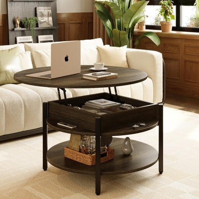 WOWLIVE 27"W Lift-Top Wood Coffee Table, Small Round Cocktail Table with Storage and Hidden Compartment for Living Room