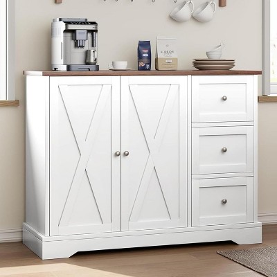 Garvee 46.85" White Farmhouse Buffet Cabinet with 3 Drawers and Adjustable Shelves ¨C Heavy Duty Sideboard for Kitchen, Dining, Living Room