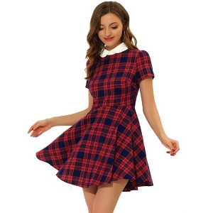 Allegra K Women's Plaid Grid Peter Pan Collar Contrast A-line Dresses - 1 of 4