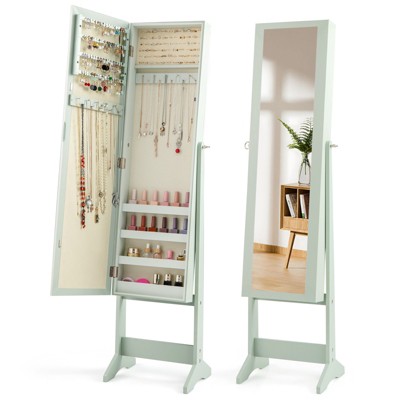 Tangkula Mirrored Jewelry Armoire Standing Jewelry Cabinet w/ Full-Length Mirror Inner Makeup Mirror