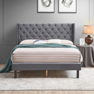 Upholstered Platform Bed Frame ,Wood Slat Support, Easy Assembly - 1 of 4