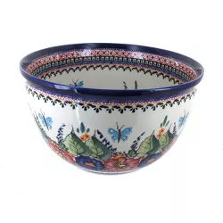 Blue Rose Polish Pottery Floral Butterfly Large Mixing Bowl