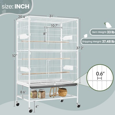 White 52'' Rolling Steel Bird Cage with Perches and Storage