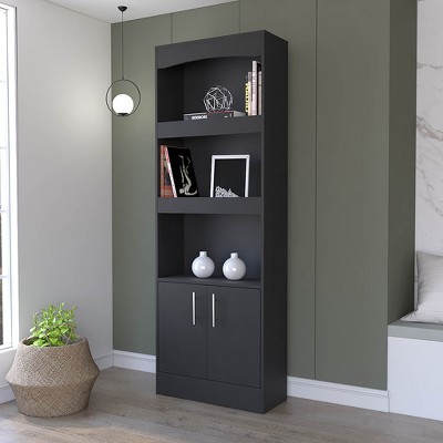 TOAOTBNBO 3 Tier Modern Bookshelves, Tall Floor Standing Bookcase with Double Doors Living Room Narrow Display Shelves, Black