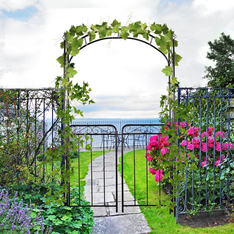 Outsunny Garden Arbor Arch Gate with Trellis Sides for Climbing Plants, Wedding Ceremony Decorations, Grape Vines, Locking Doors, Swirls, Black, 3 of 9