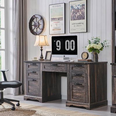 Executive Desk with Drawers, 60" Farmhouse Office Desk with Charging & File Drawer, Wood Home Writing Work Desk