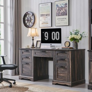 Executive Desk with Drawers, 60" Farmhouse Office Desk with Charging & File Drawer, Wood Home Writing Work Desk - 1 of 4