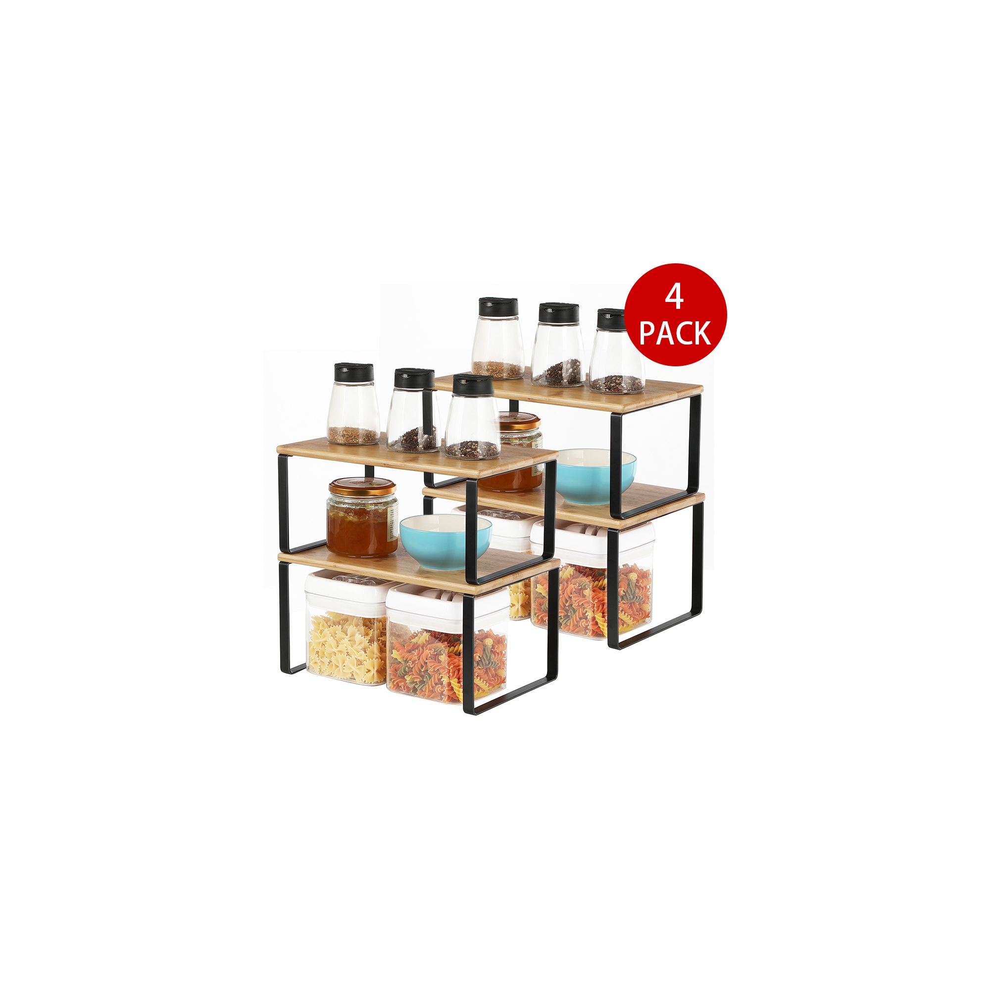 4 Pack Cabinet Organizer Shelf, Ink Black and Natural Beige