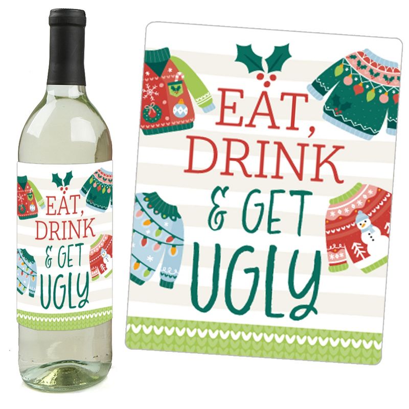 Big Dot of Happiness Colorful Christmas Sweaters - Ugly Sweater Holiday Party Decorations for Women and Men - Wine Bottle Label Stickers - Set of 4, 5 of 9