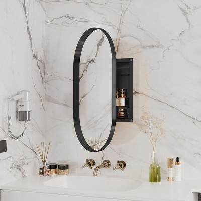 20"x34" Oval Recessed Medicine Cabinet with Mirror, Adjustable Shelves, Wall-Mounted Metal Frame, Modern Bathroom Storage Solution-The Pop Home