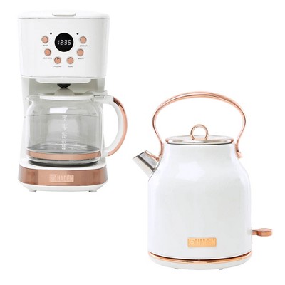 Haden Coffee Machine, 12 Cup Drip Coffee Maker Bundled with Heritage 1.7 Liter Stainless Steel Electric Kettle, Ivory & Copper